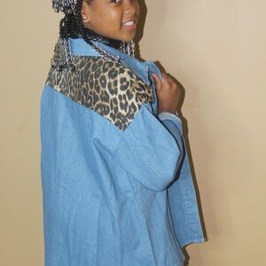 Denim Jacket with Leopard Print Accent